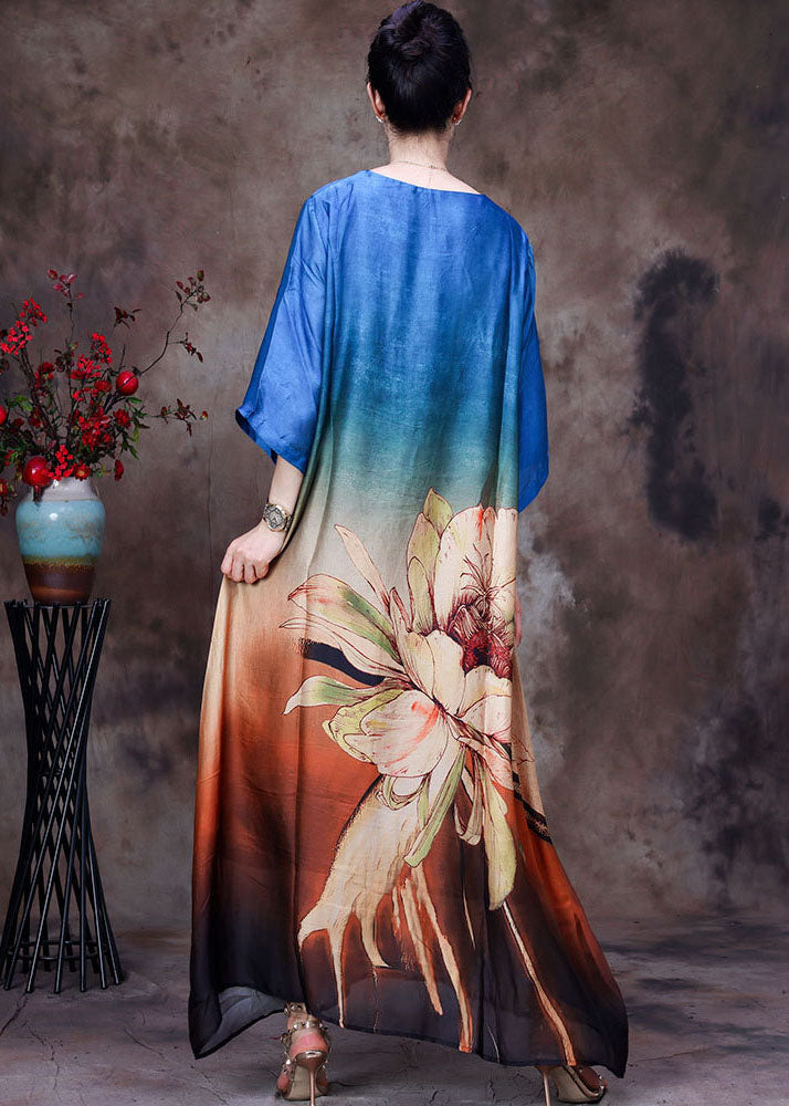 French Blue Gradient Color O-Neck Print Layered Silk Vacation Dress Half Sleeve