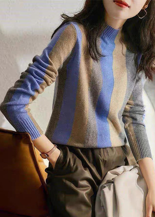 French Blue Half Hign Neck Striped Knitted Sweaters Fall