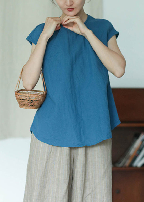 French Blue O Neck Button Patchwork Linen T Shirt Top Short Sleeve