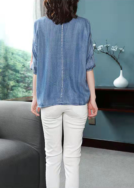 French Blue O-Neck Embroideried Cotton Shirt Top lantern sleeve