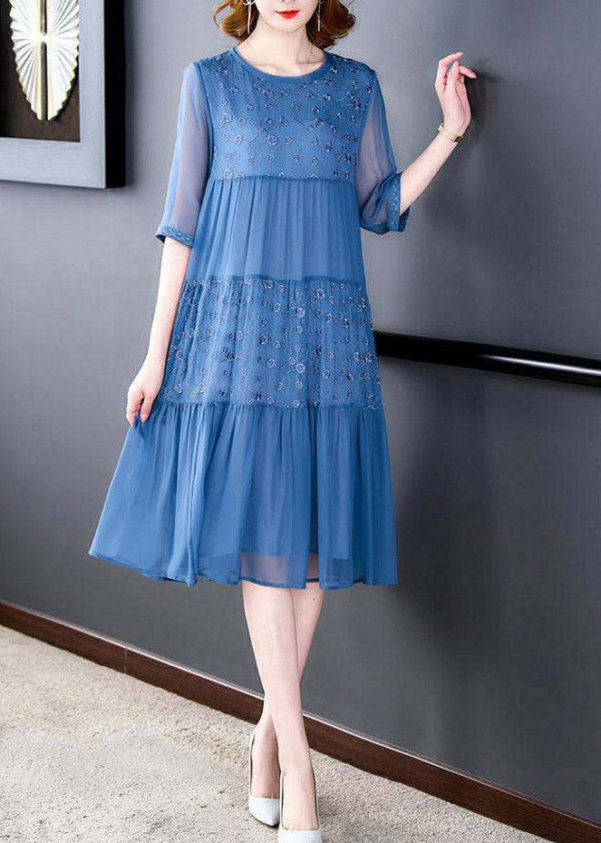 French Blue O-Neck Embroideried Patchwork Silk Long Dresses Summer