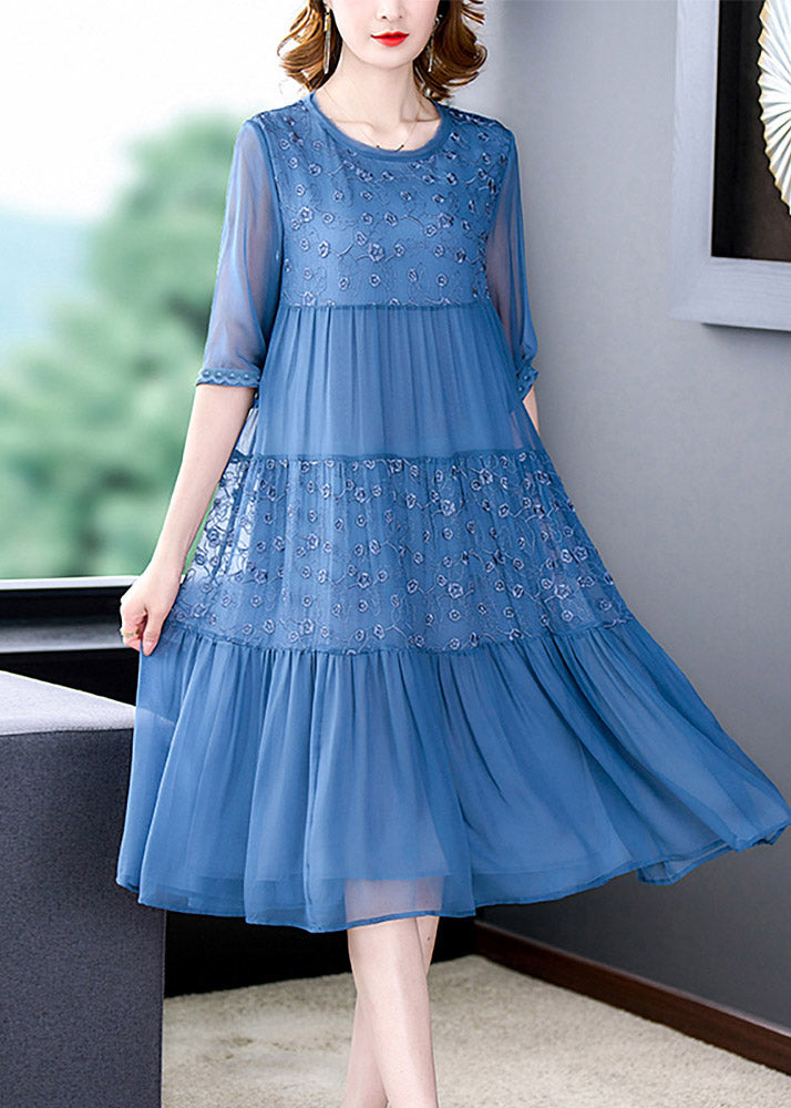 French Blue O-Neck Embroideried Patchwork Silk Long Dresses Summer