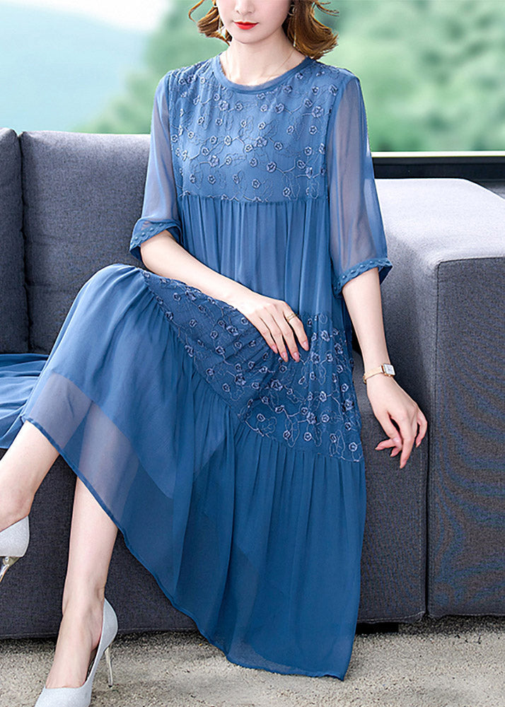 French Blue O-Neck Embroideried Patchwork Silk Long Dresses Summer