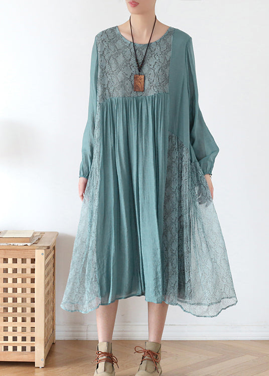 French Blue O-Neck Patchwork Chiffon Vacation Dress Long Sleeve