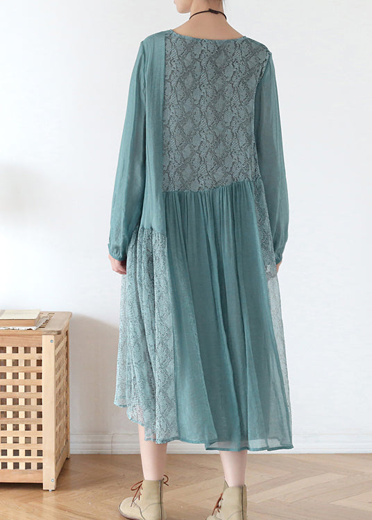 French Blue O-Neck Patchwork Chiffon Vacation Dress Long Sleeve