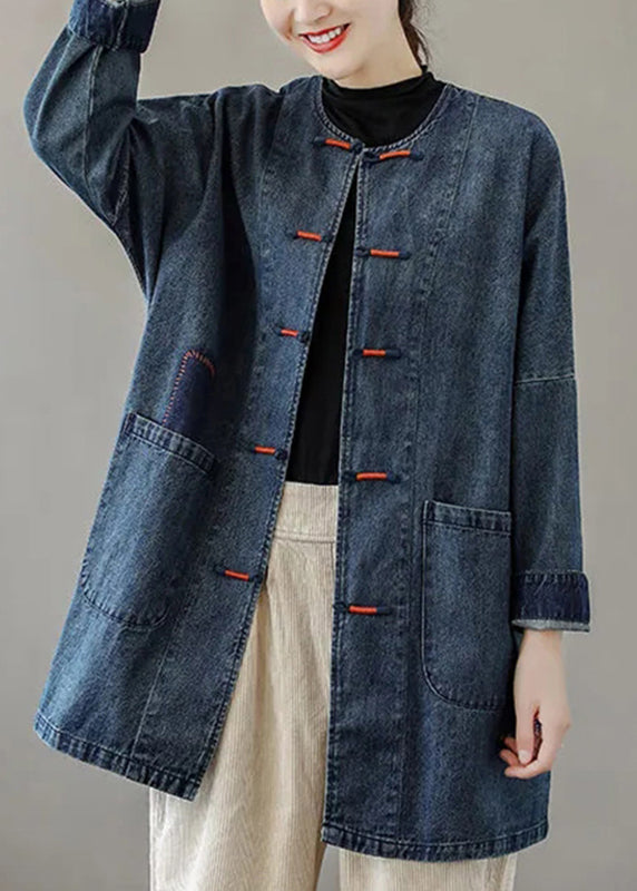 French Blue O-Neck Pockets Patchwork Denim Coats Long Sleeve