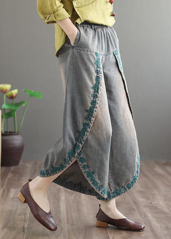 French Blue Pockets Embroideried Fall Denim Wide Leg Pants - Omychic