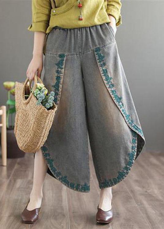 French Blue Pockets Embroideried Fall Denim Wide Leg Pants - Omychic