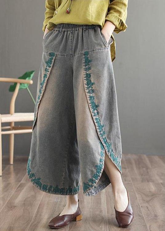 French Blue Pockets Embroideried Fall Denim Wide Leg Pants - Omychic