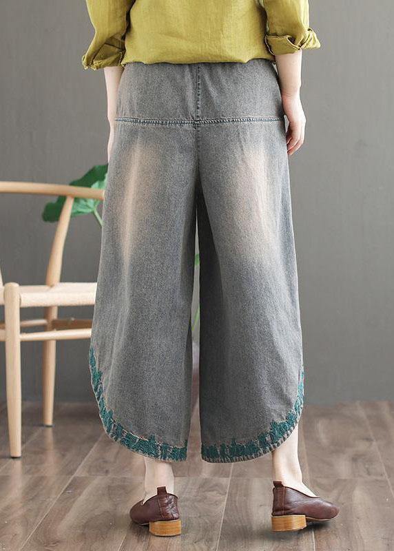 French Blue Pockets Embroideried Fall Denim Wide Leg Pants - Omychic