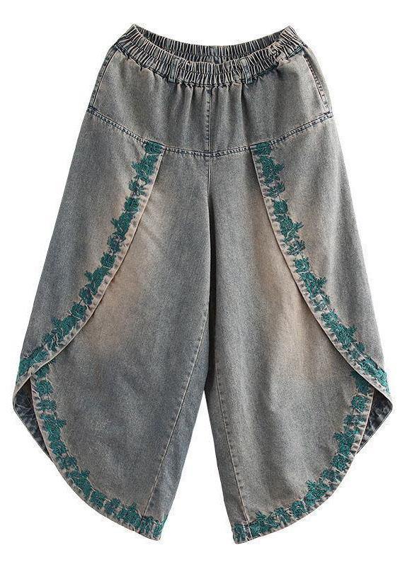 French Blue Pockets Embroideried Fall Denim Wide Leg Pants - Omychic