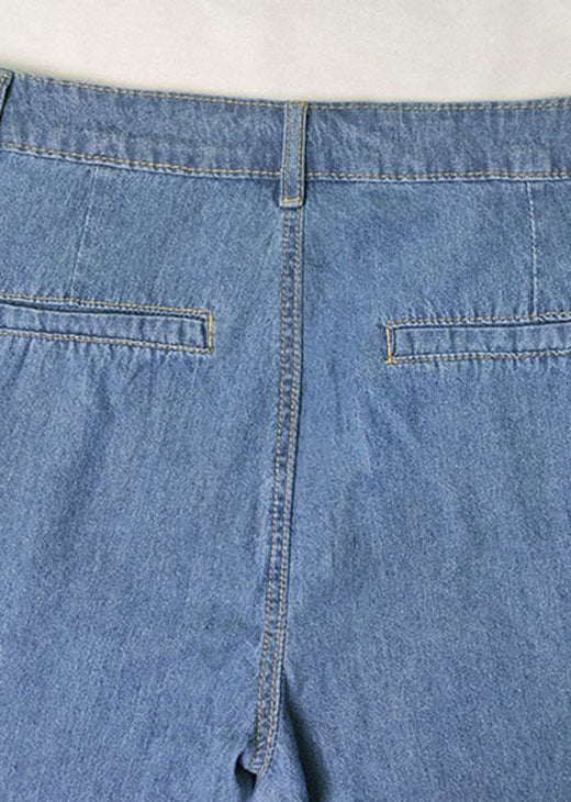 French Blue Pockets Patchwork High Waist Denim Trousers