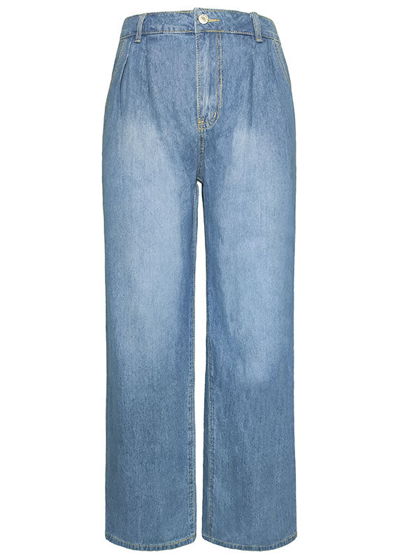 French Blue Pockets Patchwork High Waist Denim Trousers