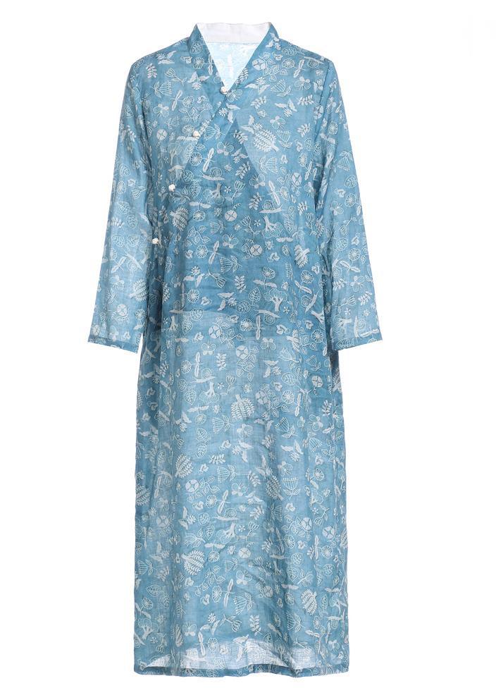 French Blue Print Patchwork Button Summer Ramie Sundress - Omychic