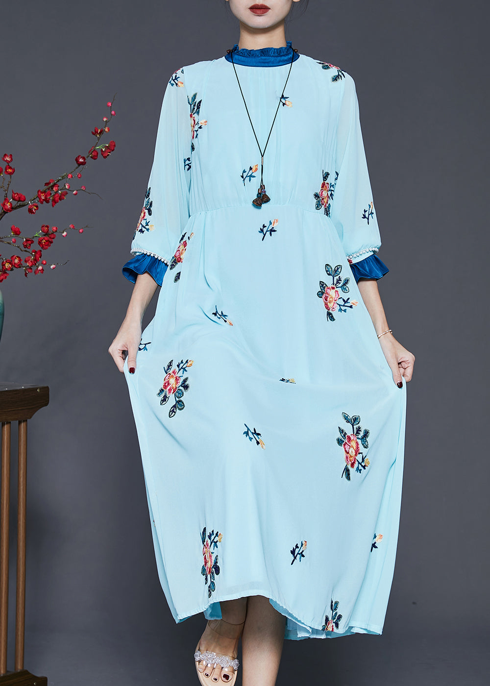 French Blue Ruffled Embroidered Silk Maxi Dress Spring