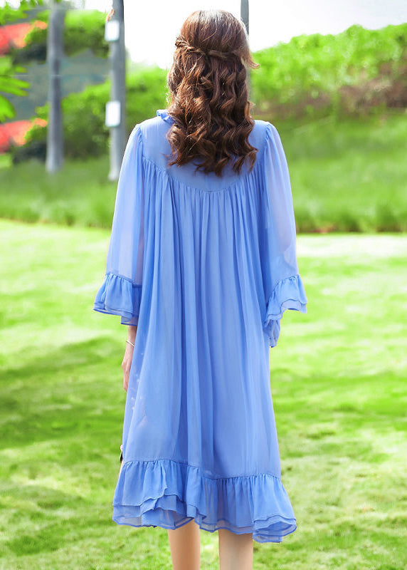 French Blue Ruffled Patchwork Silk A Line Dresses Flare Sleeve