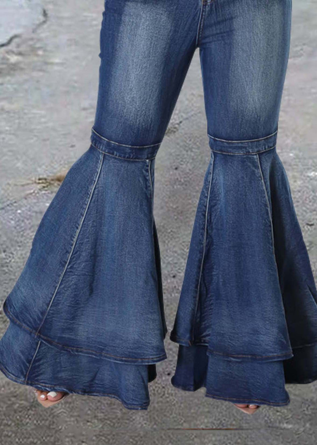 French Blue Ruffles Patchwork Denim Bell-bottom Trousers Summer