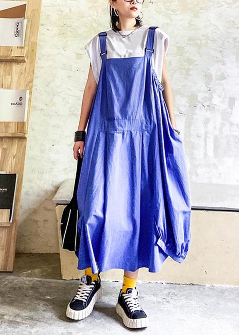 French Blue Slash neck Pockets Summer Dress - Omychic