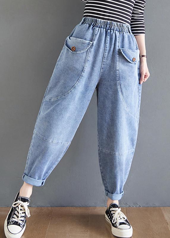 French Blue Women Pants Spring Elastic Waist Fabrics Wild Trousers - Omychic