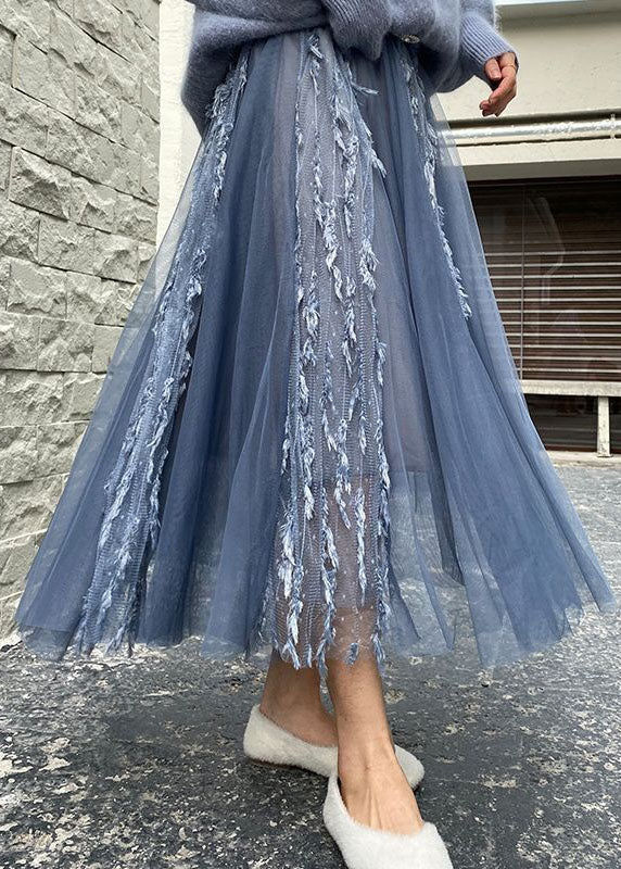 French Blue Wrinkled Tasseled Patchwork Tulle Skirts Spring