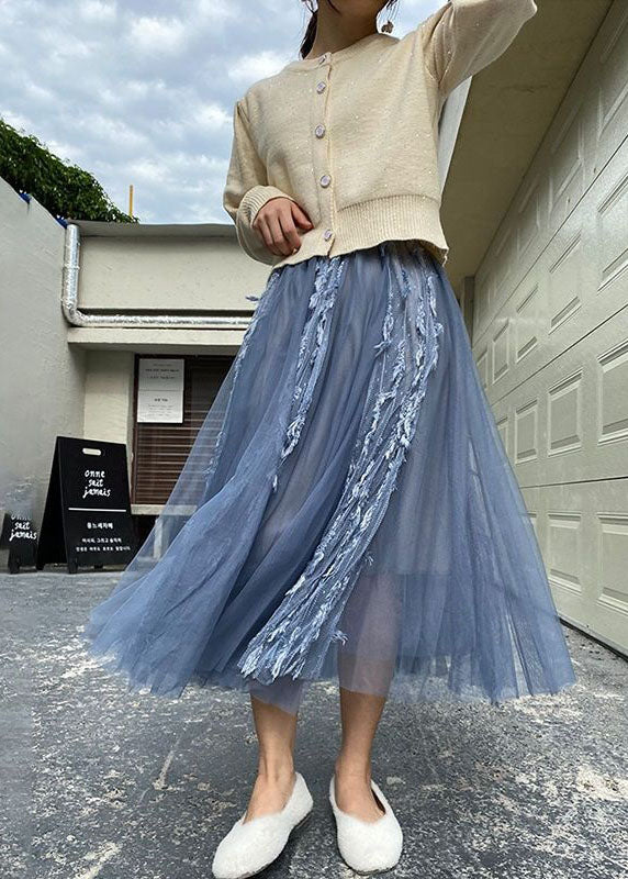 French Blue Wrinkled Tasseled Patchwork Tulle Skirts Spring