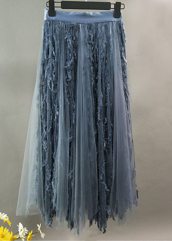 French Blue Wrinkled Tasseled Patchwork Tulle Skirts Spring