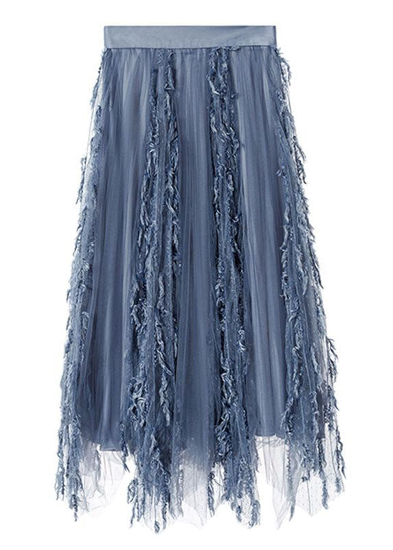 French Blue Wrinkled Tasseled Patchwork Tulle Skirts Spring