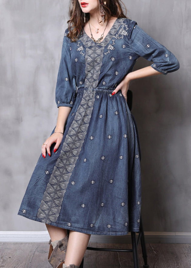 French Blue elastic waist V Neck Embroideried Cotton Dresses Half Sleeve
