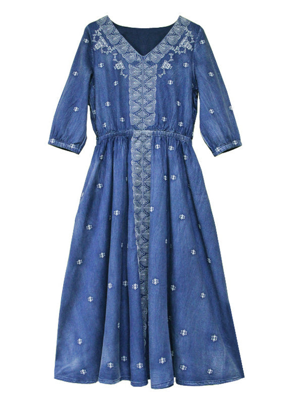 French Blue elastic waist V Neck Embroideried Cotton Dresses Half Sleeve