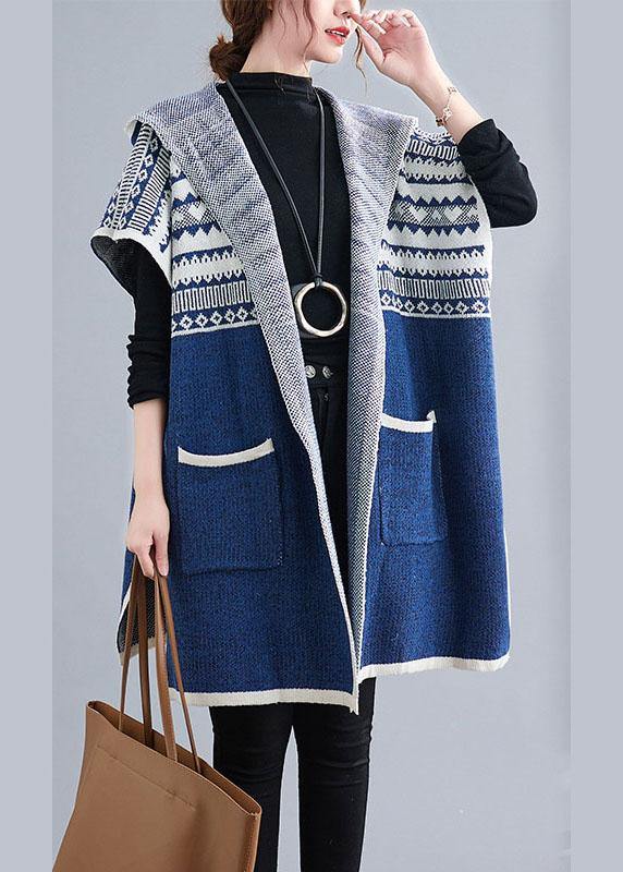 French Blue hooded Casual side open Short Sleeve Fall Knit sweaters Coat - Omychic
