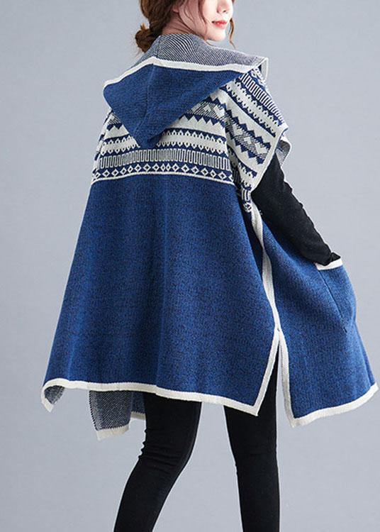 French Blue hooded Casual side open Short Sleeve Fall Knit sweaters Coat - Omychic