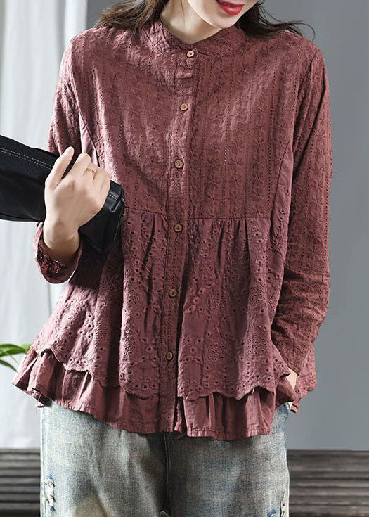 French Brick Red Stand Collar Embroideried Patchwork Cotton Shirt Spring