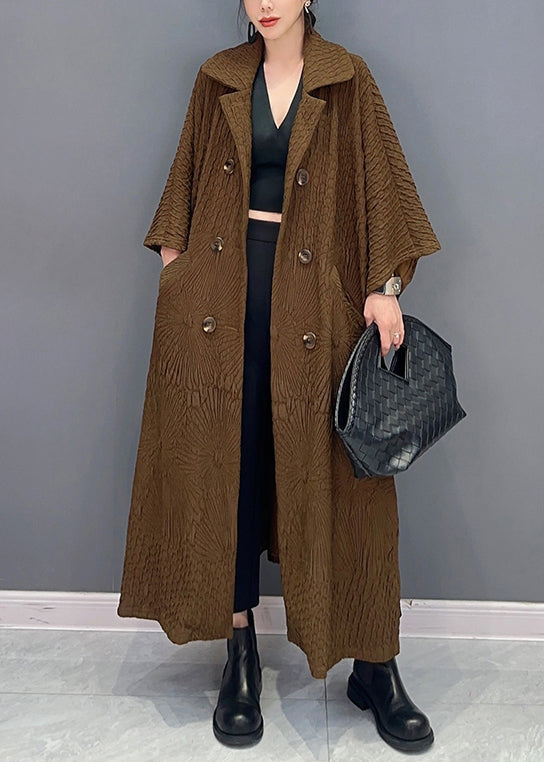 French Brown Double Breast Pockets Cotton Long Trench Coat Batwing Sleeve