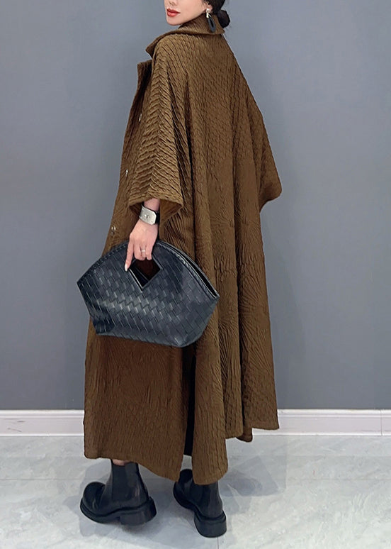 French Brown Double Breast Pockets Cotton Long Trench Coat Batwing Sleeve