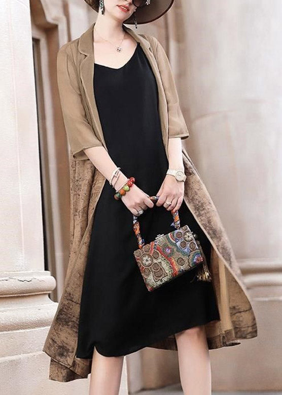 French Brown Notched Tulle Patchwork Long Trench Coats Spring