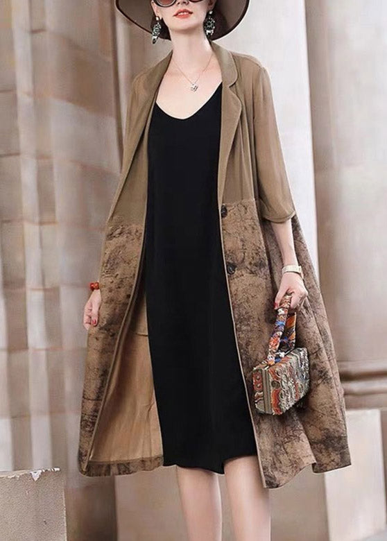 French Brown Notched Tulle Patchwork Long Trench Coats Spring