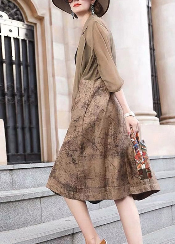 French Brown Notched Tulle Patchwork Long Trench Coats Spring