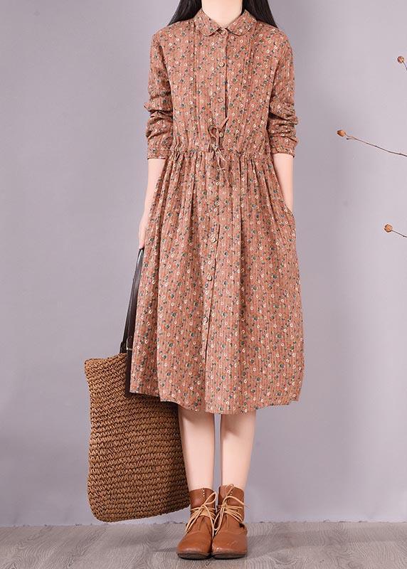 French Brown Print Dresses Lapel Drawstring Maxi Spring Dress - Omychic