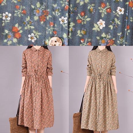 French Brown Print Dresses Lapel Drawstring Maxi Spring Dress - Omychic