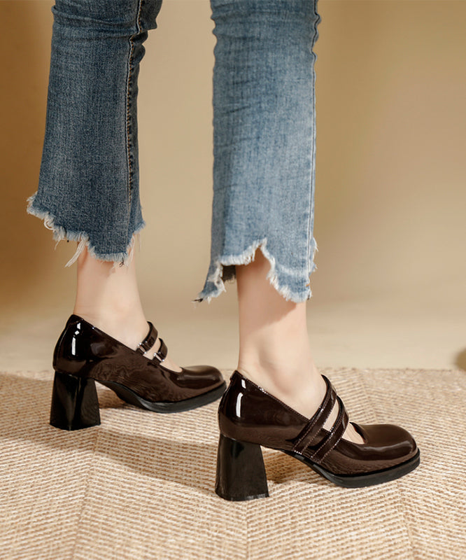 French Buckle Strap Chunky Heel Brown Faux Leather