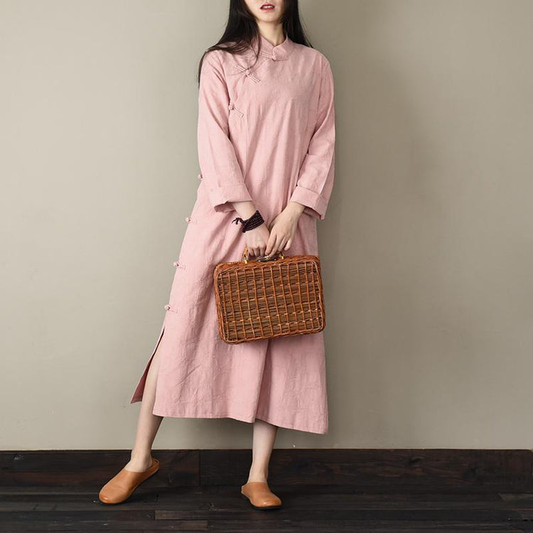 French Chinese Button cotton spring clothes For Women linen pink Dresses - Omychic