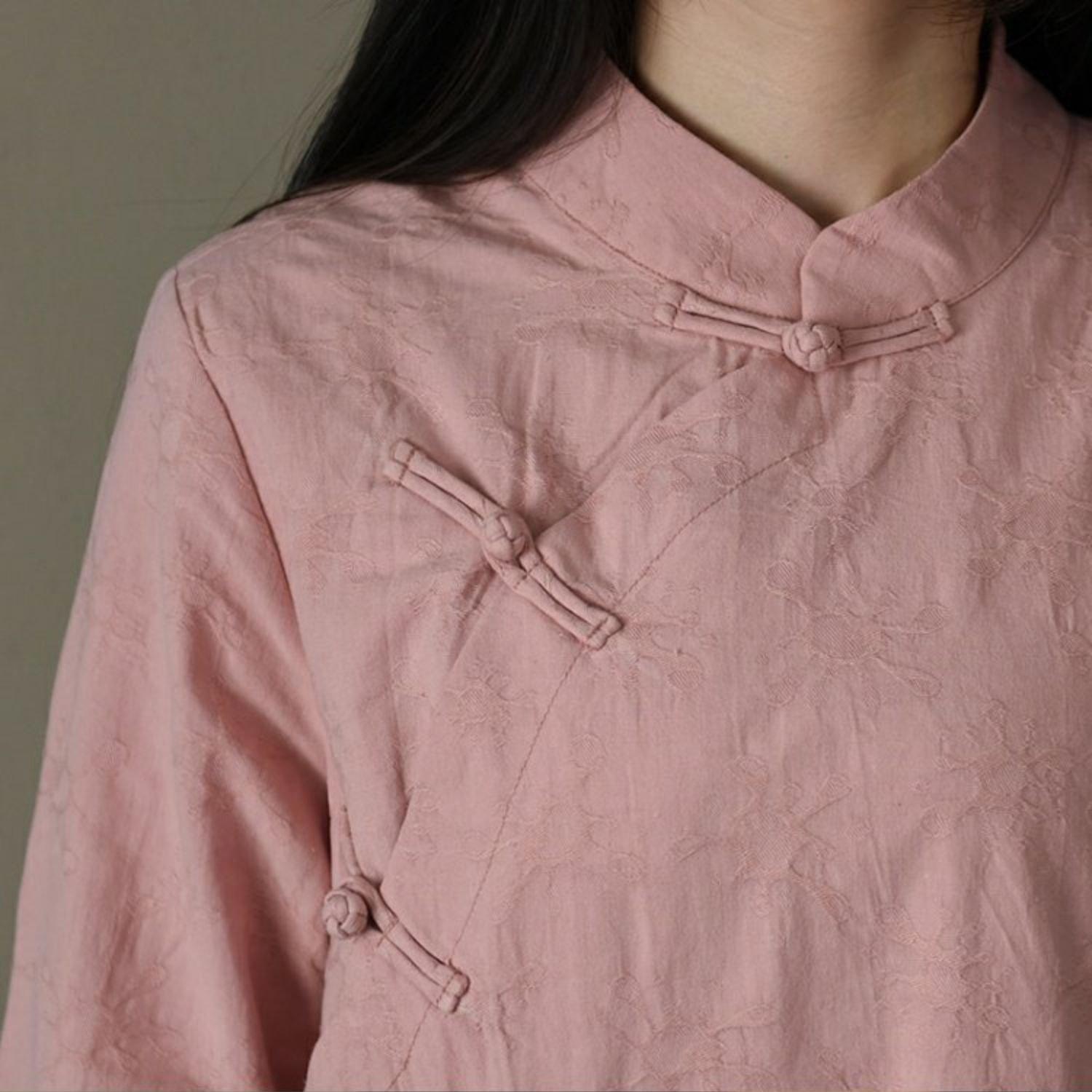 French Chinese Button cotton spring clothes For Women linen pink Dresses - Omychic