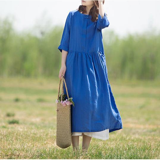 French Chinese Button linen Robes Catwalk blue o neck Dress summer - Omychic