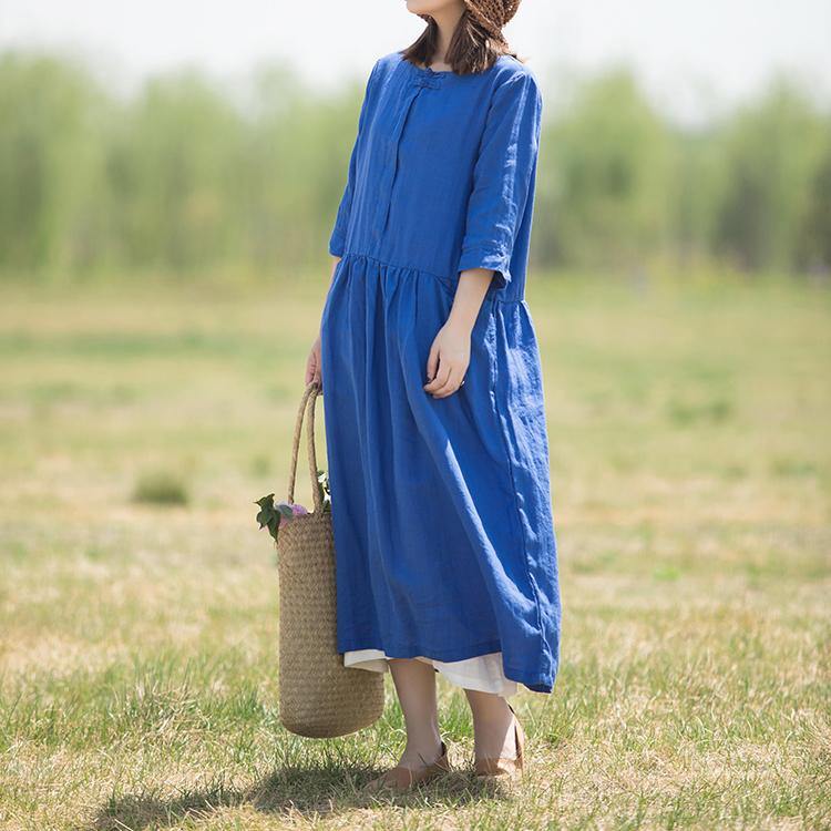French Chinese Button linen Robes Catwalk blue o neck Dress summer - Omychic