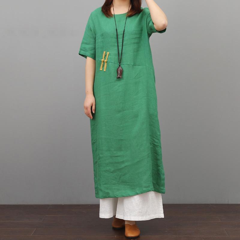 French Chinese Button linen green dresses o neck Kaftan summer Dress - Omychic