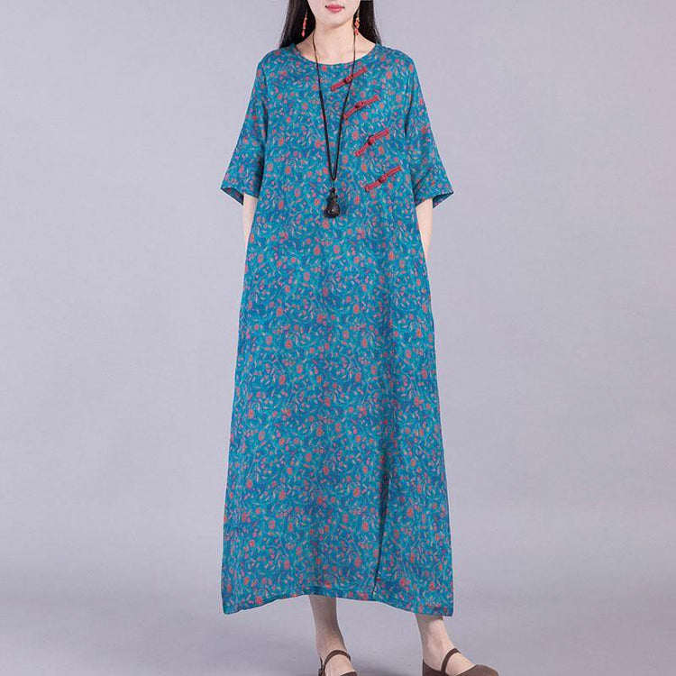 French Chinese Button linen outfit Runway blue prints Dresses summer - Omychic