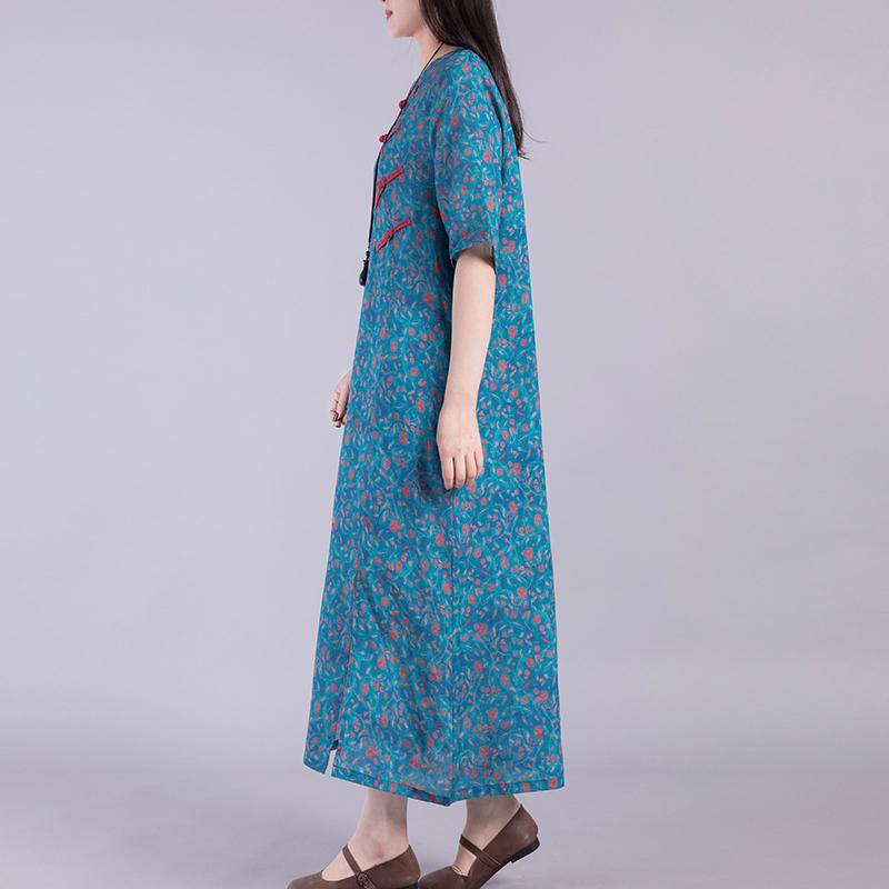 French Chinese Button linen outfit Runway blue prints Dresses summer - Omychic