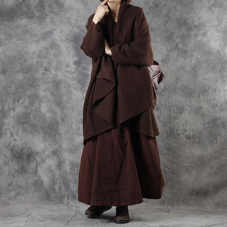 French Chocolate Bat Wing Sleeve Loose Asymmetrical Design Fall Long Sweater Coat - Omychic