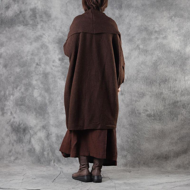 French Chocolate Bat Wing Sleeve Loose Asymmetrical Design Fall Long Sweater Coat - Omychic