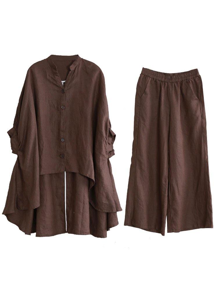 French Chocolate Button Asymmetrical Design Fall 2 Piece Outfit Half Sleeve - Omychic